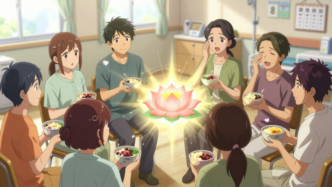 Group of patients sharing blended meals in a sunlit support circle, symbols of hope around them.