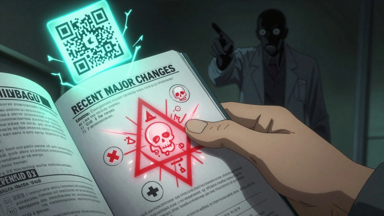 Hand flipping open Recent Major Changes section with pulsing warning symbols and QR code above.