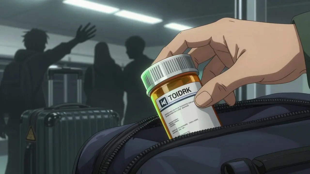 Hand placing a labeled prescription bottle in a carry-on, shadowy figures reaching for a stolen suitcase in reflection.