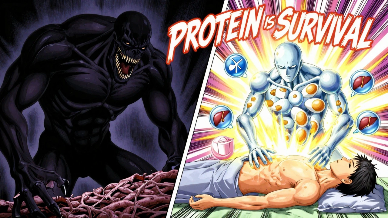 Heroic protein molecules battling a skeletal muscle-eating monster in a medical fantasy scene.