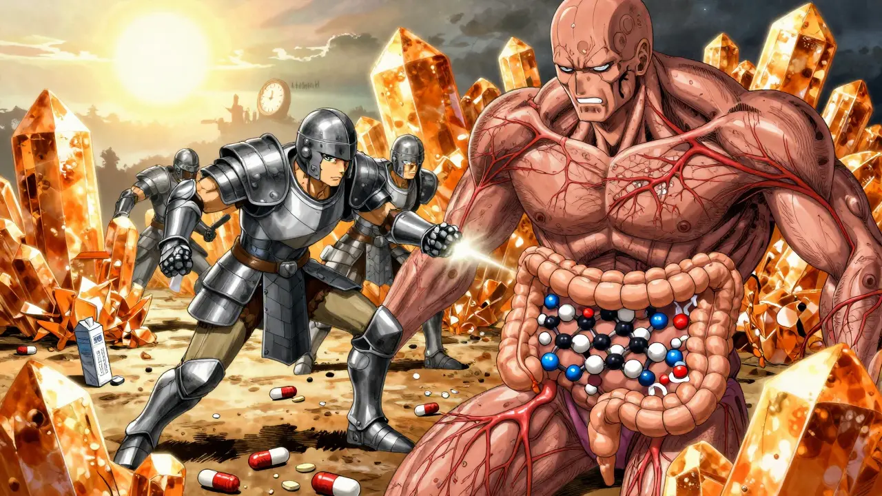Medication warriors fight calcium golems inside the gut, symbolizing absorption failure.
