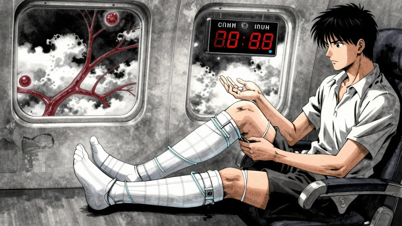 Passenger on plane doing leg exercises with glowing circulation lines.