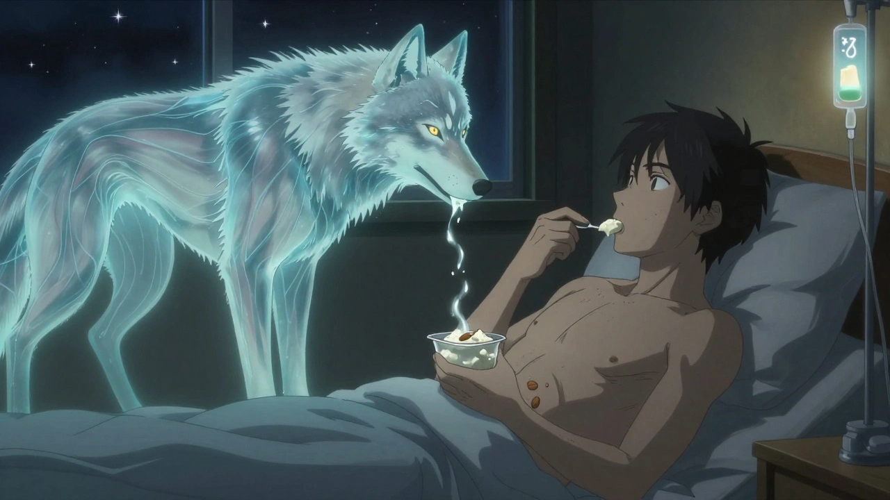 Patient eating a bedtime protein snack as muscle fibers regenerate in the night light.