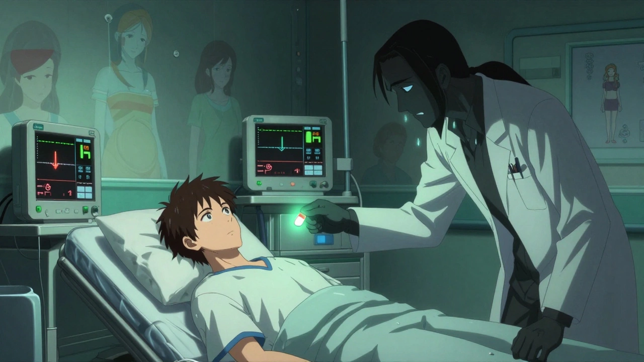 Patient in hospital with critical monitors flashing as a shadowy figure offers a dangerous herb.
