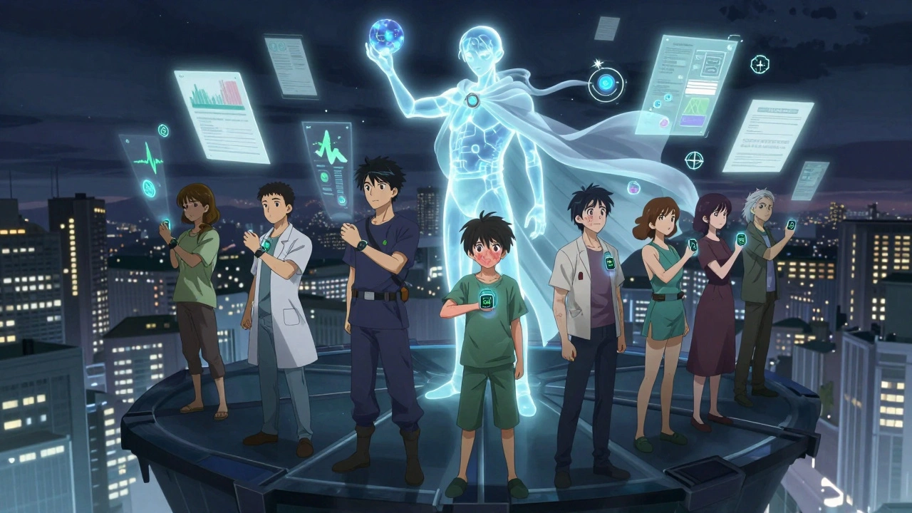 Patients with smartwatches projecting health data, analyzed by an AI figure in a flowing cloak under a city skyline.