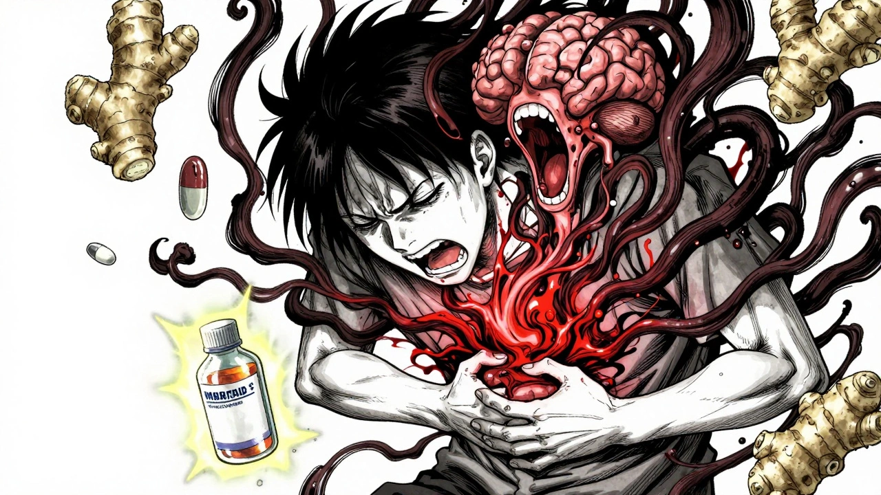 Person clutching stomach as nausea vortex forms, glowing anti-nausea pill nearby.