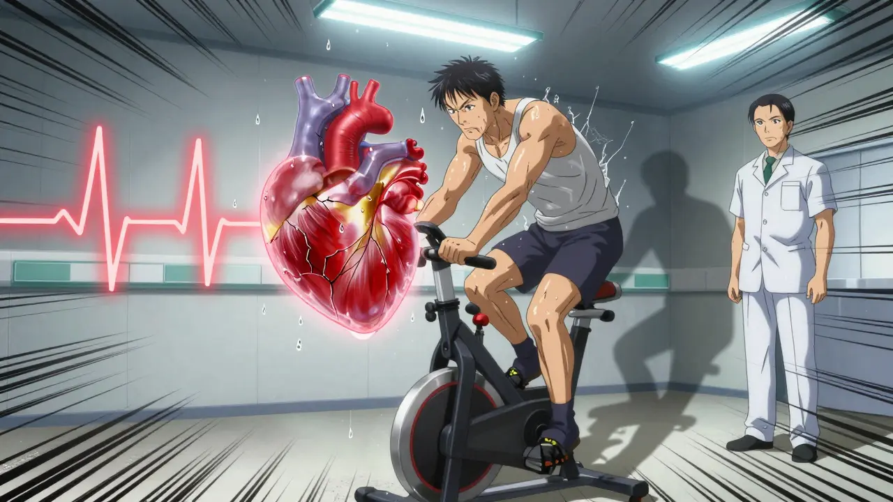 Person exercising on a bike with a pulsing heart overlay and distorted ECG waveform.
