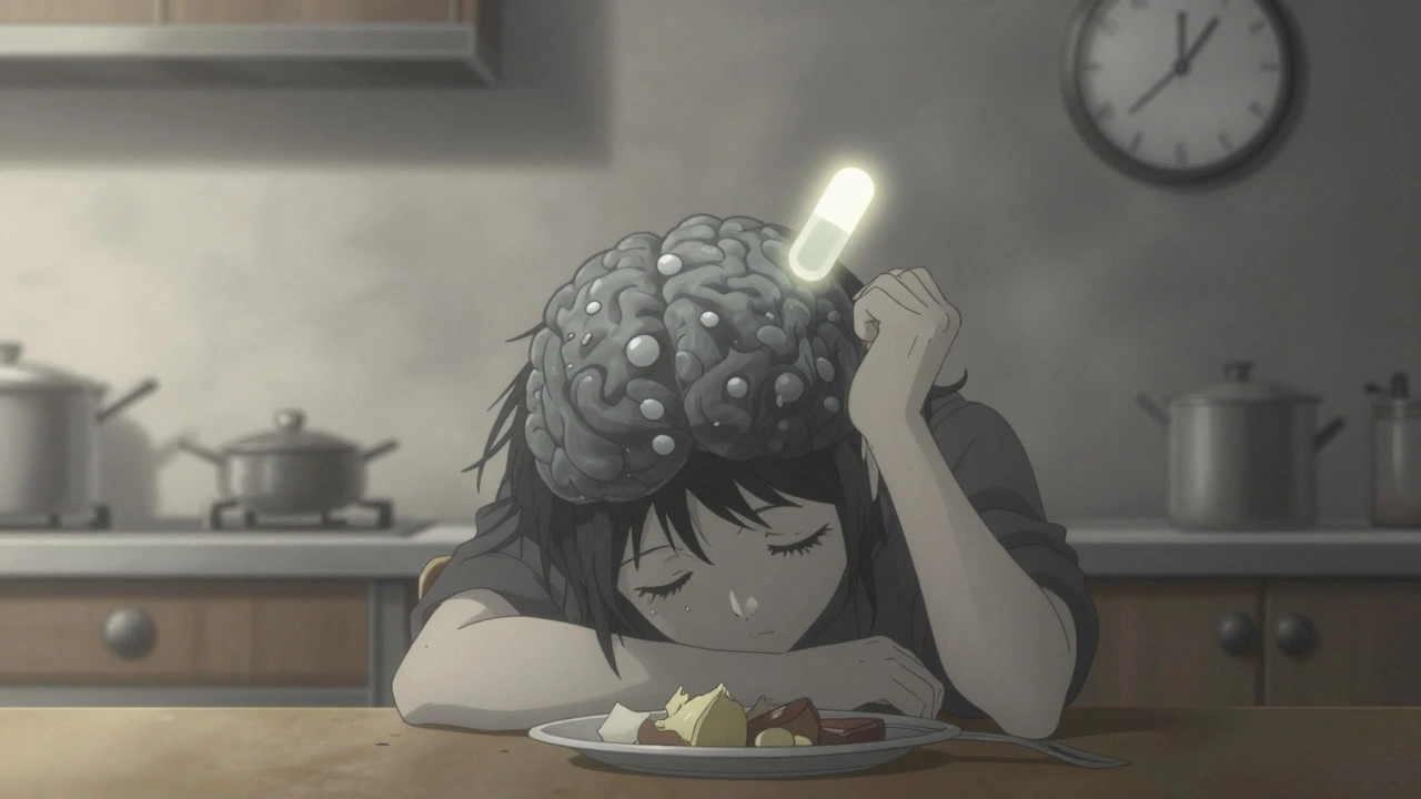 Person with foggy underwater brain, drowsy at a kitchen table, opioid molecule above temple.