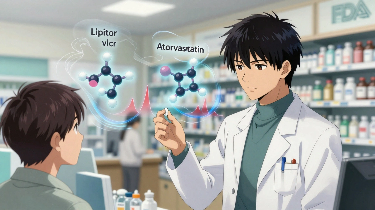 Pharmacist giving a generic pill while molecular structures glow in sync behind them.
