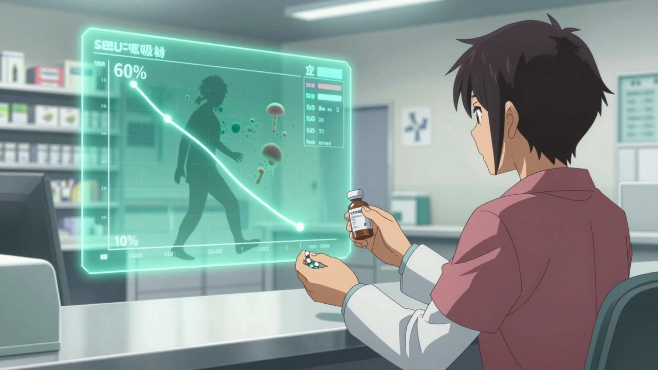 Pharmacist giving itraconazole solution to patient, with absorption graph floating nearby.
