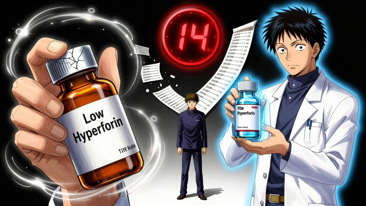 Pharmacist holding two contrasting medications with a 14-day countdown and interaction checklist behind them.