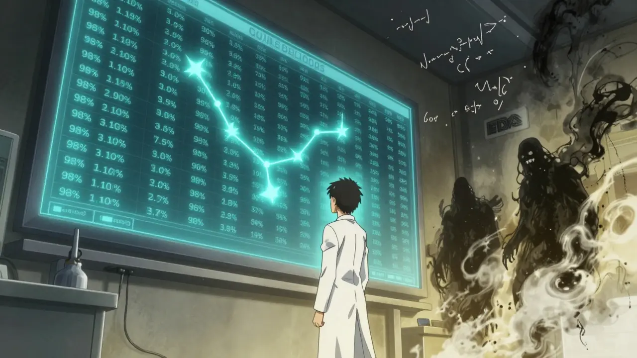 Pharmacist in a lab watching bioequivalence data points form a glowing constellation.