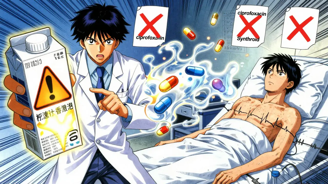 Pharmacist warns patient as calcium ions bind to drug molecules in a medical interaction scene.