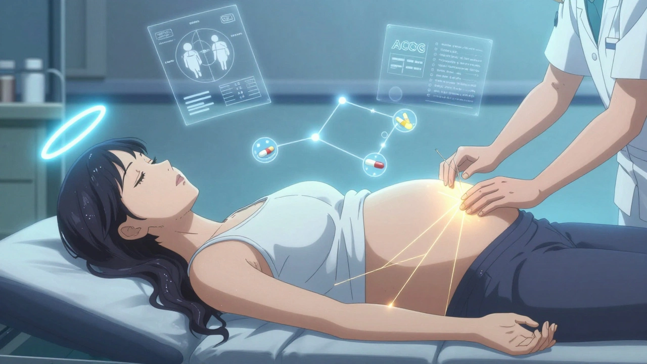 Pregnant woman receiving acupuncture with glowing threads and medical symbols drifting in the air.