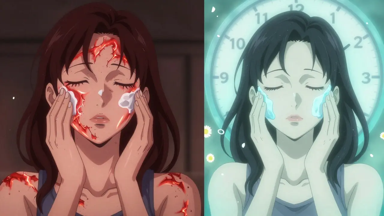 Split image: irritated skin vs. healing skin with glowing aura and clock