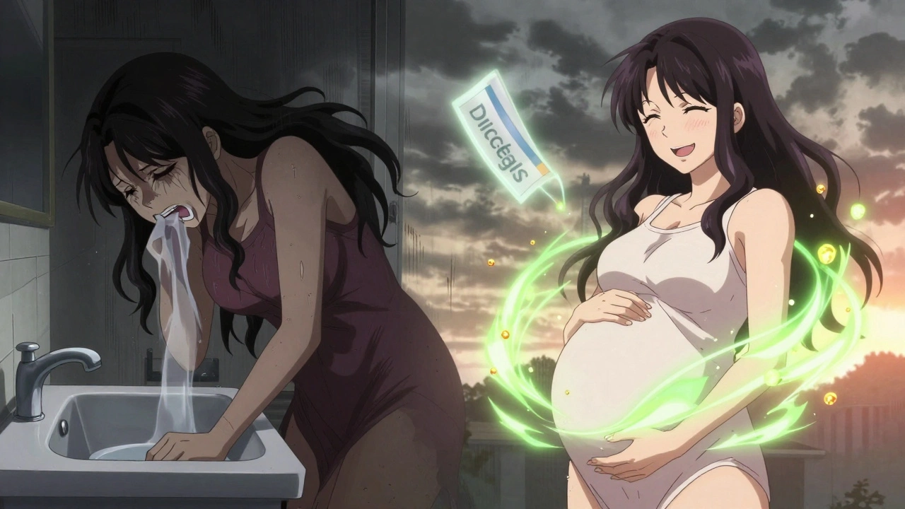 Split image: woman suffering from nausea vs. same woman healed with ginger and B6 light, symbolizing relief.