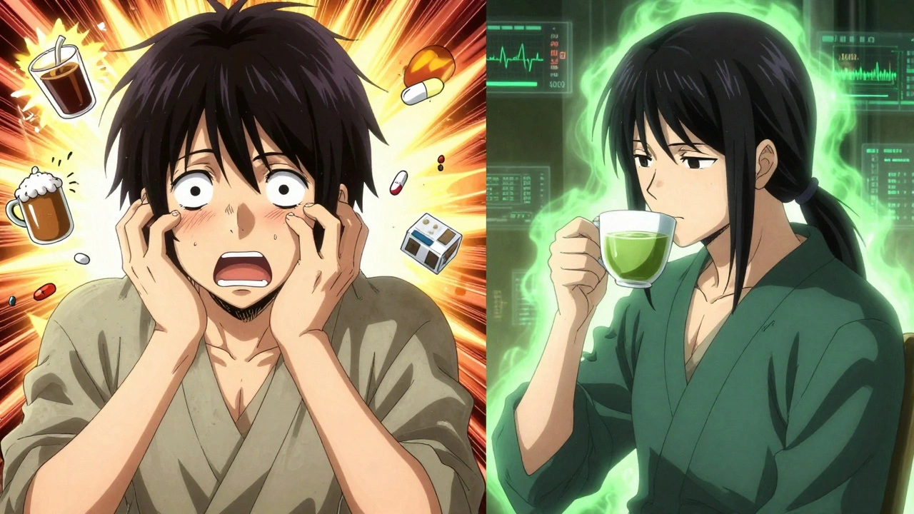 Split scene: one side shows anxiety from caffeine and Adderall, the other shows calm with green tea and L-theanine.