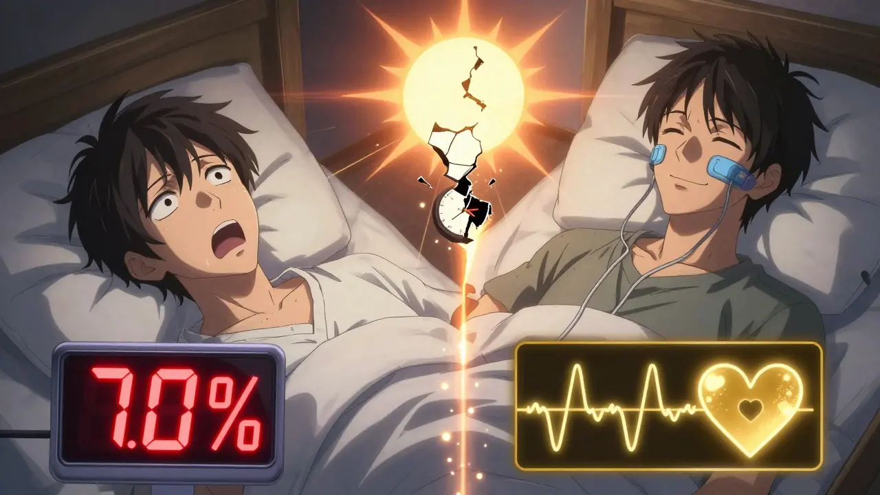 Split scene: one side shows gasping sleep apnea with falling oxygen levels, the other shows peaceful CPAP use with a healthy glowing heart, symbolizing transformation.
