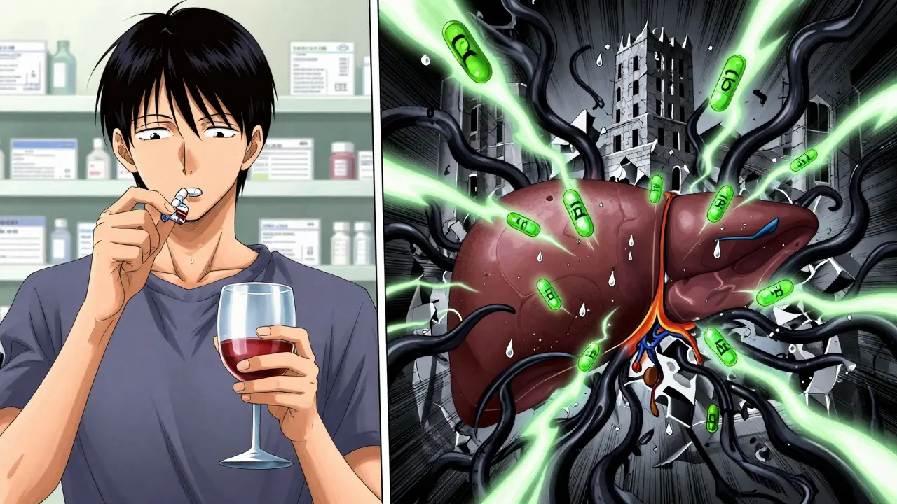 Split scene: person taking pills with wine on one side, liver under attack by dark tendrils on the other.