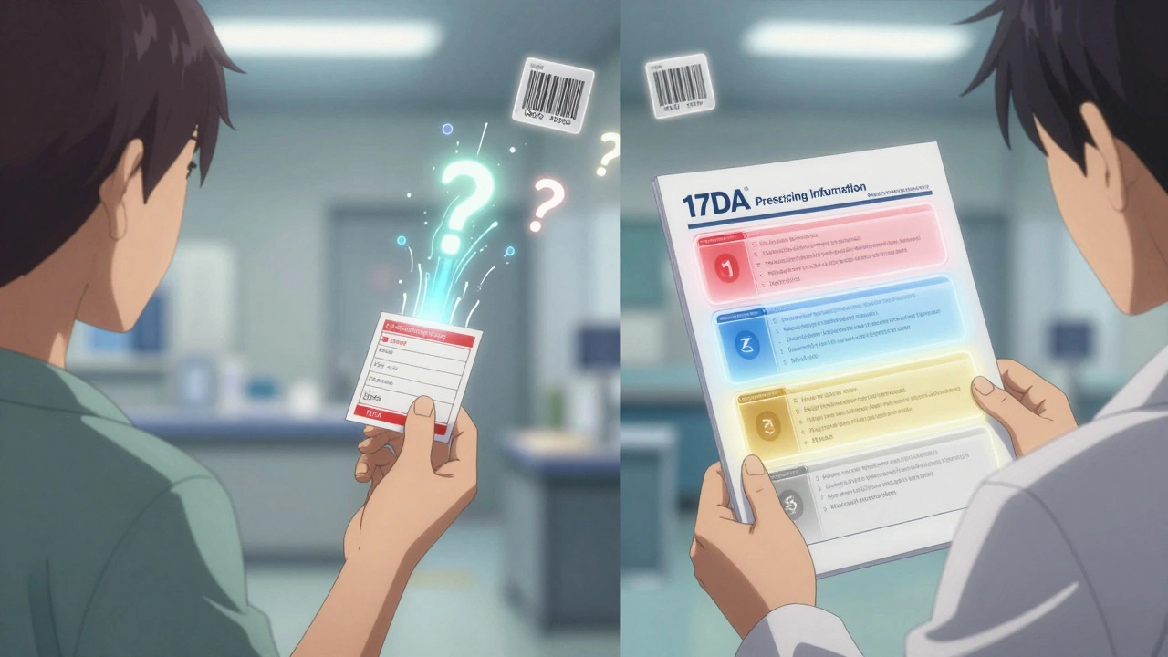 Split scene: pharmacy label vs full FDA prescribing information with color-coded sections glowing.