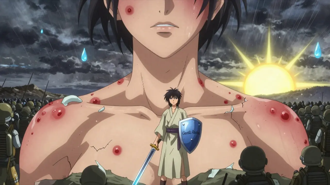 Symbolic skin battle with warrior using water and ceramide against irritants