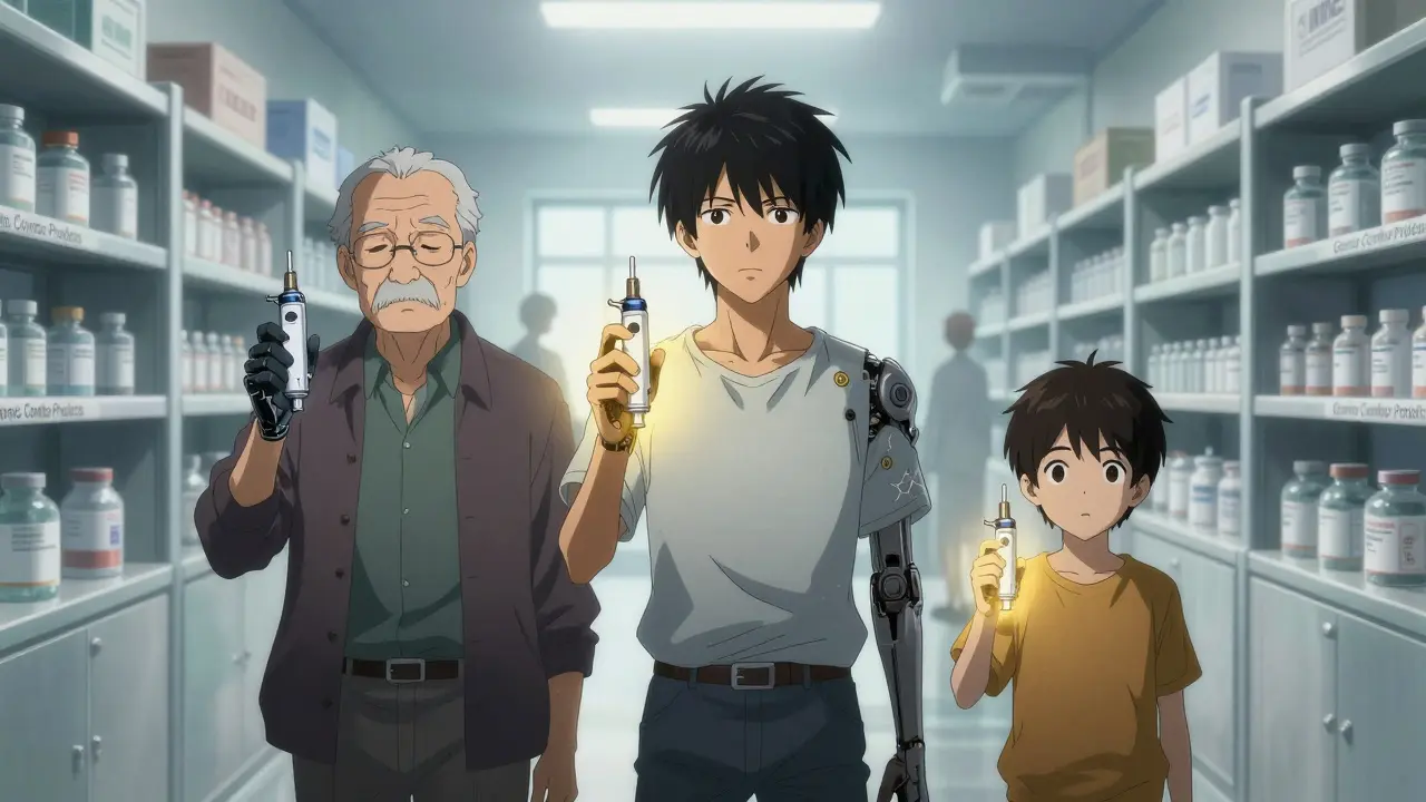 Three patients hold auto-injectors; only one glows with approval, others cracked, in a vast hallway of generic product shelves.