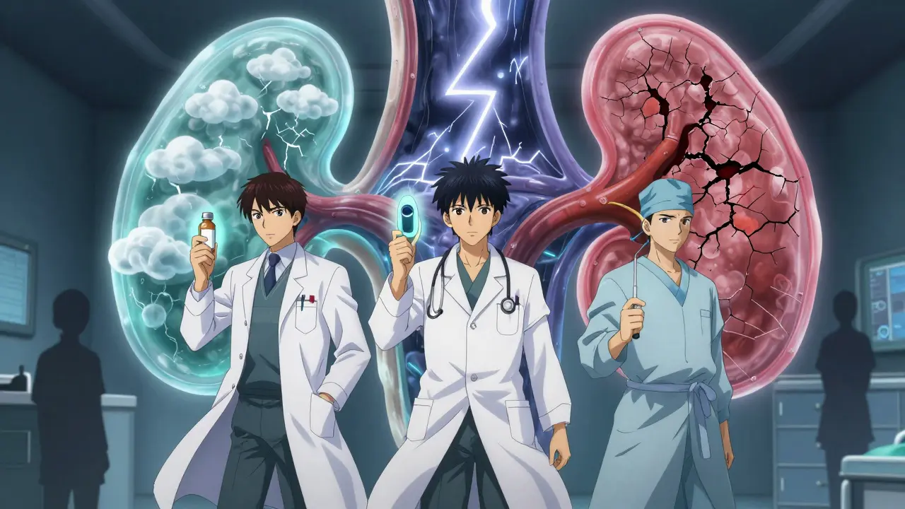 Three specialists holding diagnostic tools in a stylized theater, with a split adrenal tumor behind them.