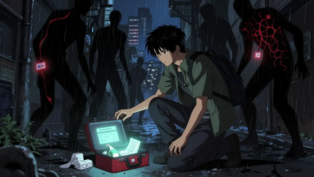 Traveler in alley with emergency kit, glowing medical ID against dark stormy backdrop.