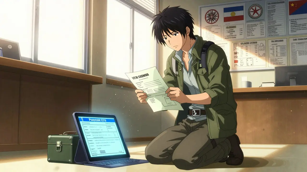 Traveler presents documents at an embassy, medication case on desk, international drug charts visible in background.