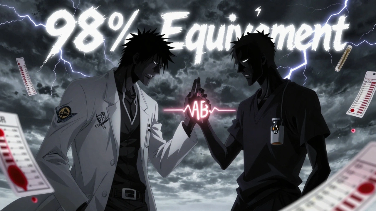 Two figures clashing over an AB-rating symbol with blood test data floating around them.