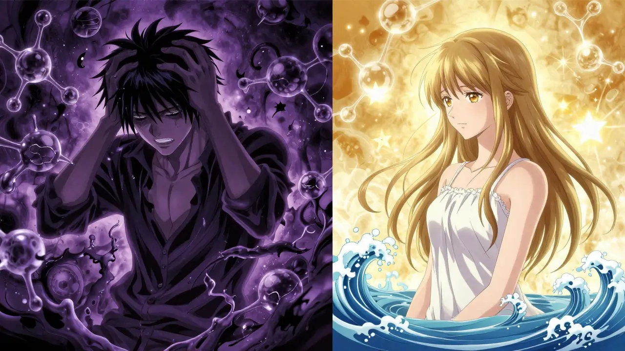 Two figures side by side: one tormented by nightmares, the other at peace, symbolizing different statins.