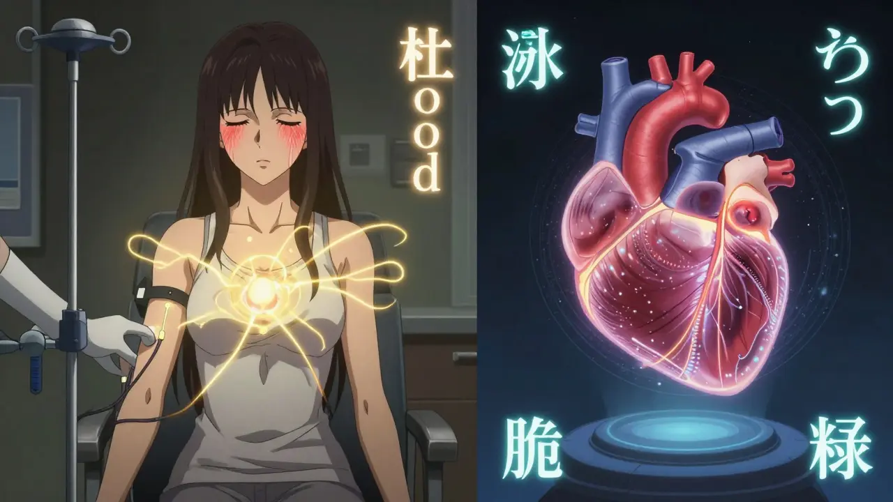 Woman receiving chemical stress test with glowing IV lines and holographic heart imaging.