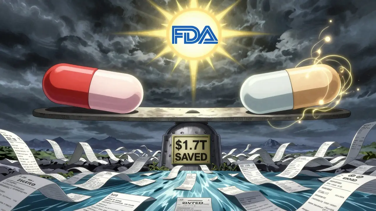A balanced scale with identical pills, golden energy radiating from the generic, surrounded by prescription receipts flowing into a savings vault.