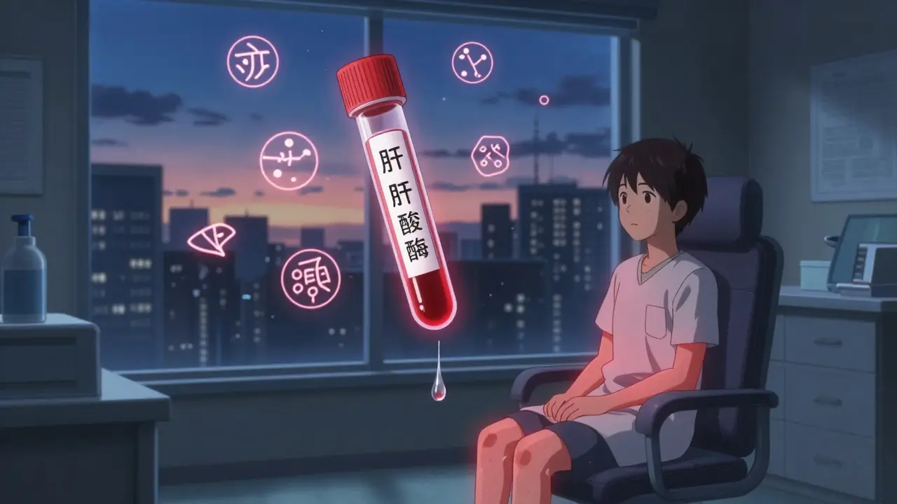 A blood test vial floats with glowing medical symbols, while a patient sits calmly in a clinic bathed in dawn light.