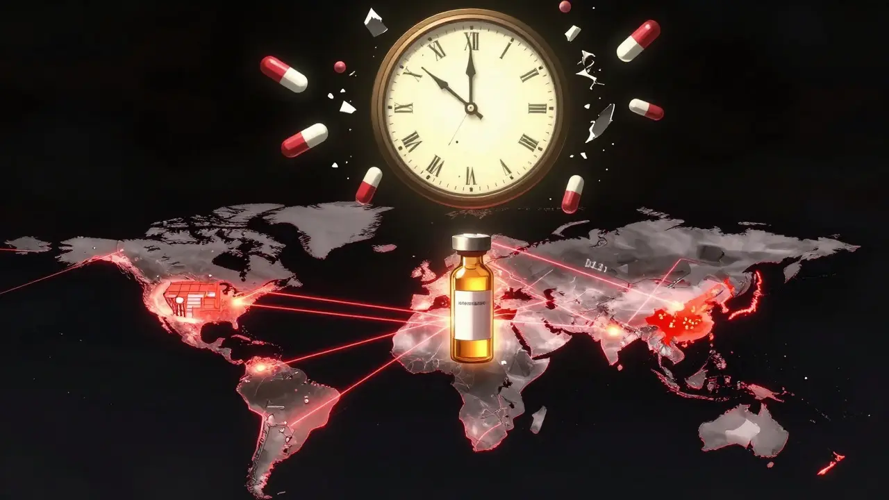 A fractured global map shows failing drug supply lines, with one vital vial glowing alone amid chaos and a broken clock.