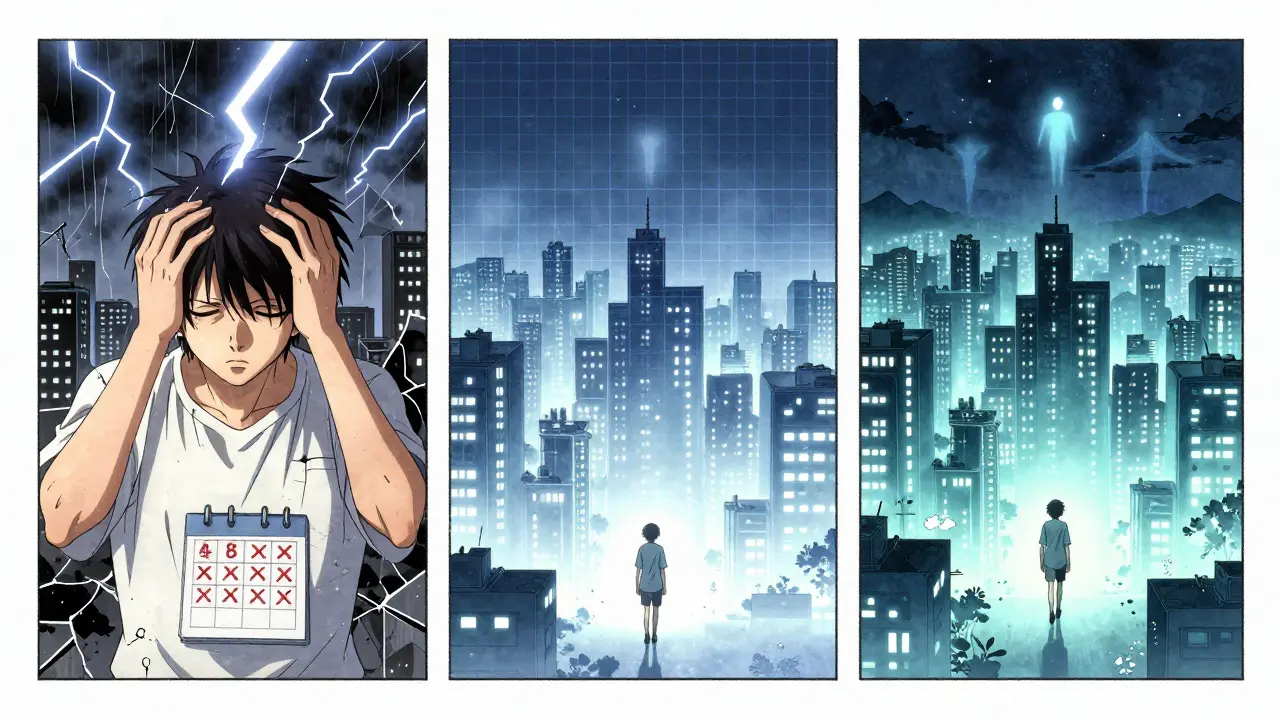 A mind's transformation from chaotic storm to calm city over three Botox treatments, anime style.