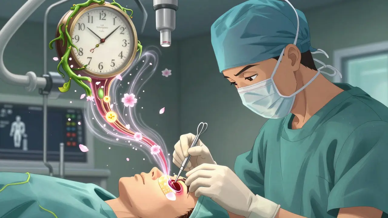 A surgeon placing a glowing patch over a healing eardrum, surrounded by bioluminescent cells and floating medical symbols.
