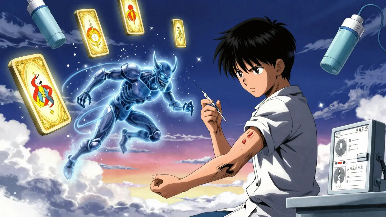 A teenager receiving an allergy shot as a pollen demon dissolves, with floating SLIT tablets glowing in the background.