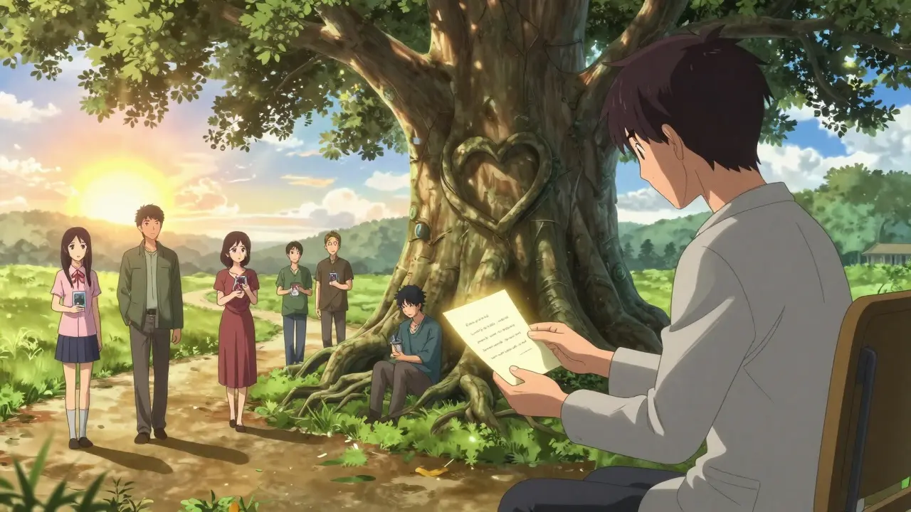 A therapist and grieving person sit under a heart-shaped tree, passing a glowing letter as others heal along a sunlit path.