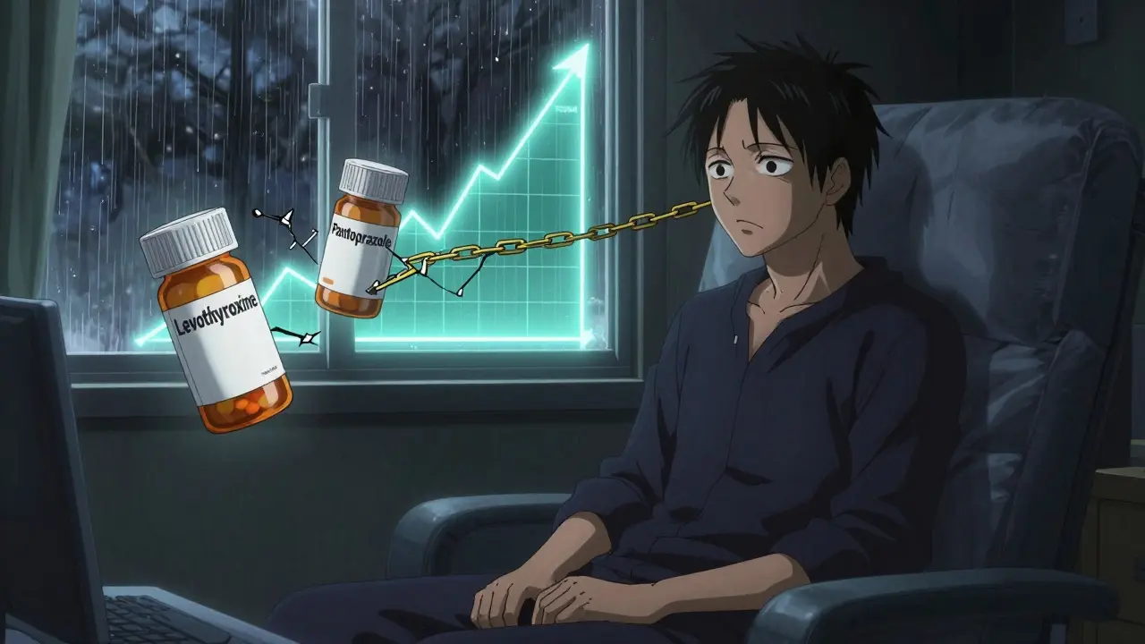 A tired patient with a rising TSH graph monster behind them, two pill bottles floating in shadowy room.