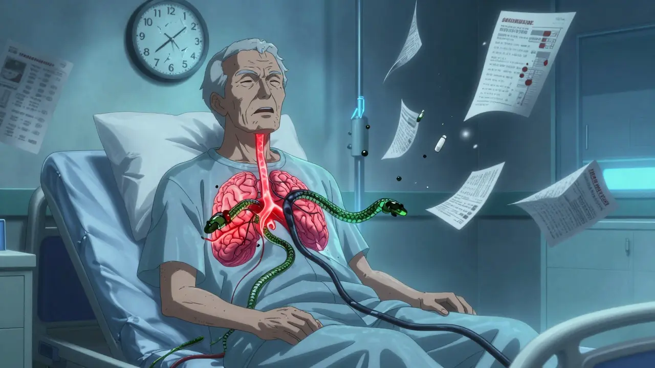 An elderly patient's brainstem is choked by intertwined drug streams, visible through their translucent body.