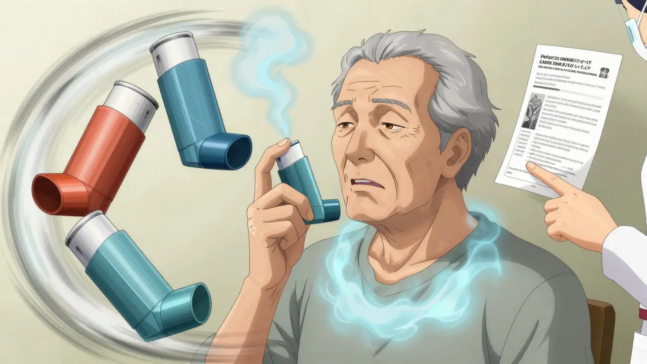 An elderly patient holding a combination inhaler as other versions fragment around them.