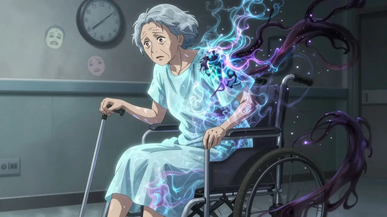 An elderly woman caught between dopamine energy and antipsychotic paralysis, haunted by hallucinations.