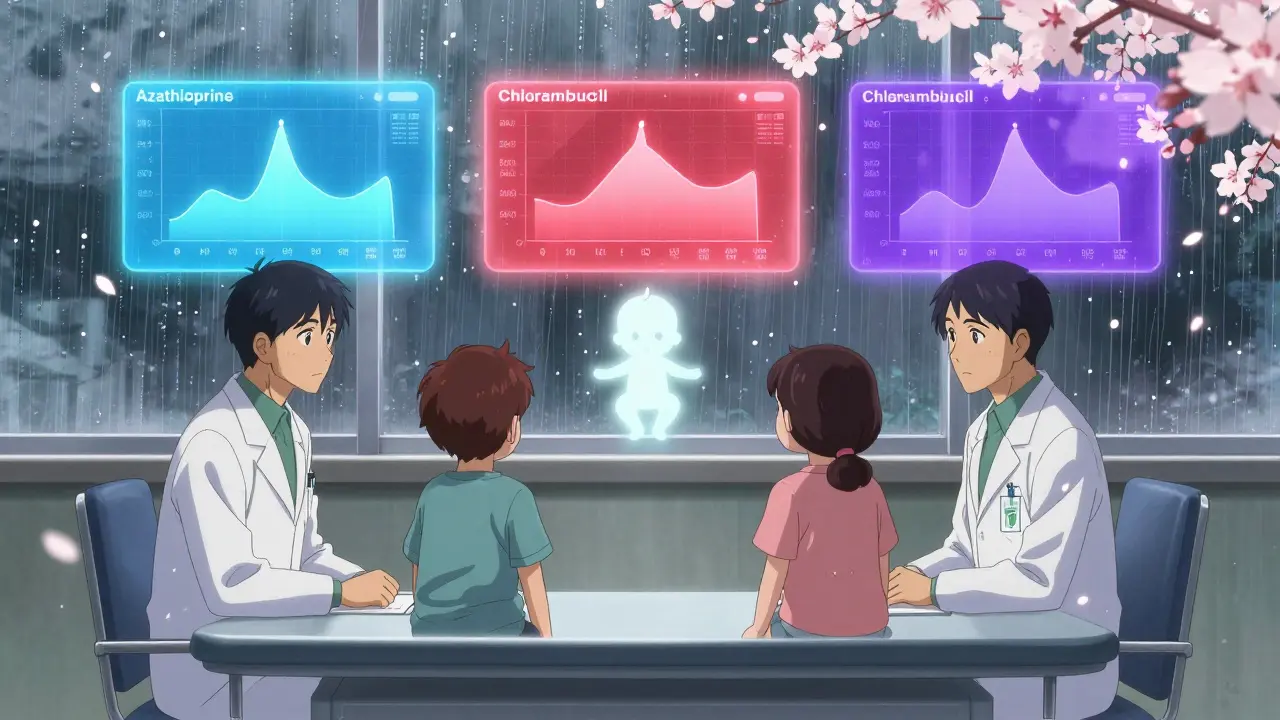 Couple in medical consultation with floating drug safety holograms and glowing baby silhouette.