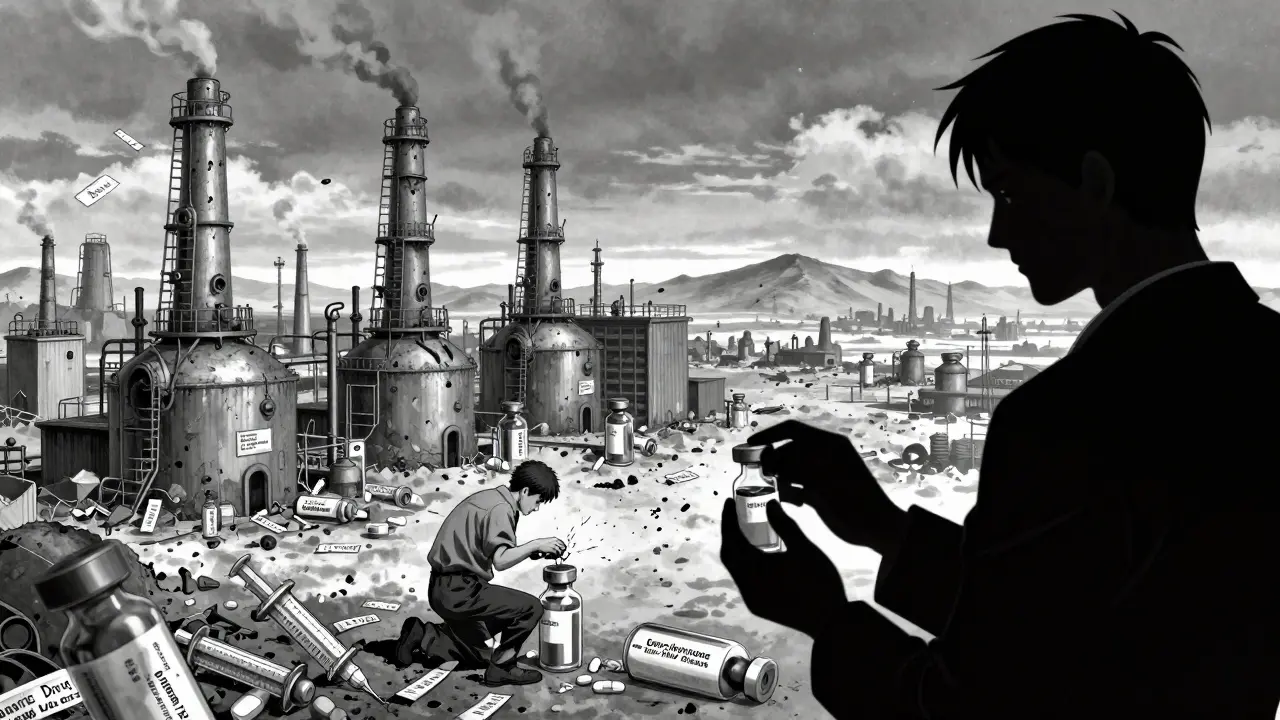 Crumbling generic drug factories collapse under falling price tags, with only three remaining plants standing in a desolate landscape.