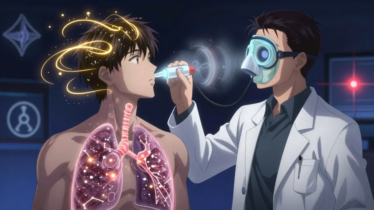 Doctor administering DLCO test with glowing gas particles swirling around patient's head.