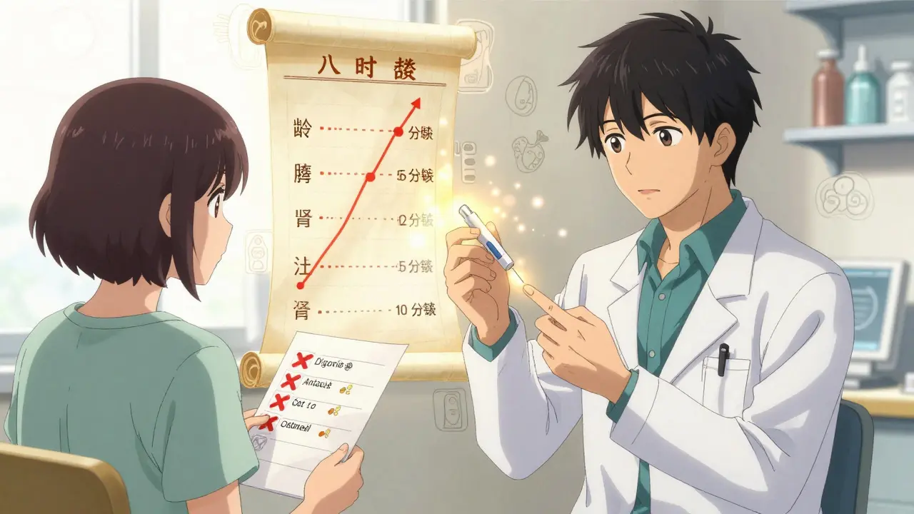 Doctor and patient reviewing digoxin risks, with a glowing safety score and forbidden foods marked with Xs.