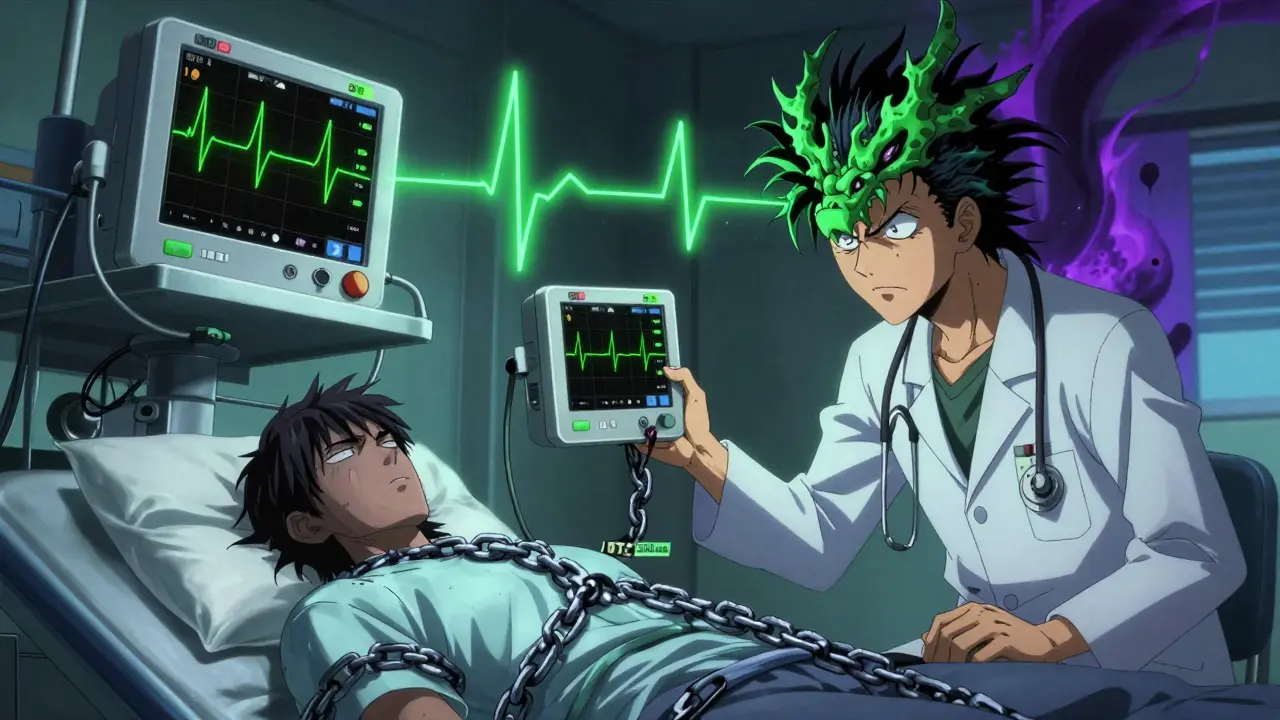Doctor holding ECG monitor that transforms into a dragon, patient connected to monitoring cables.