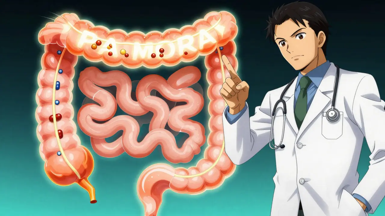 Doctor pointing to glowing intestine diagram showing opioid blockade and PAMORA solution.