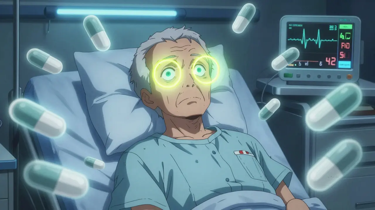 Elderly patient experiencing blurred vision and slow heart rate, surrounded by ghostly medication pills.
